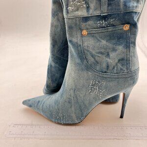 Women's Knee High Boots Denim Pointed Toe Stiletto Heel Long Boots Denim-long